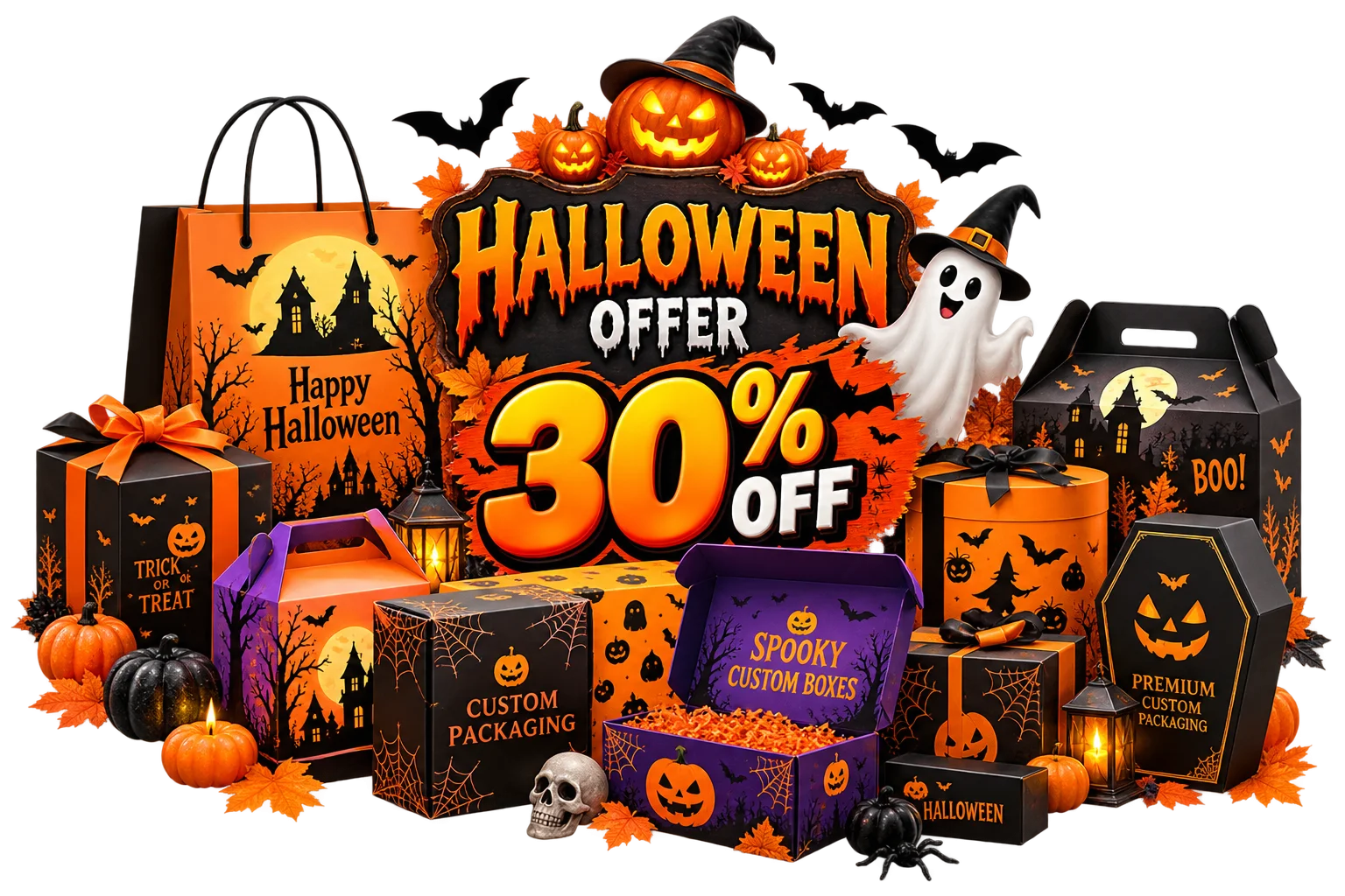 Home 1 Halloween offer 30% off custom packaging boxes