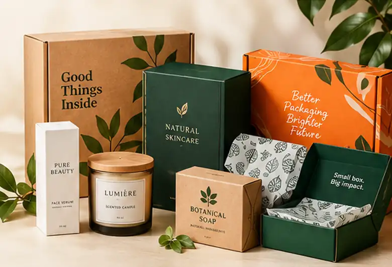 Custom packaging boxes in kraft, green and orange designs