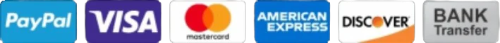 We accept PayPal, Visa, Mastercard, American Express, Discover and bank transfer